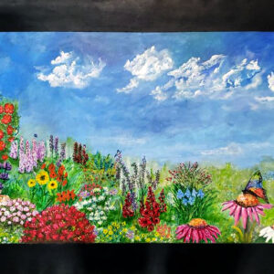 New Life Painting by Juda Myers Field of vibrant flowers along with hummingbirds, butterflies and a shy fawn nestled in the flowers.
