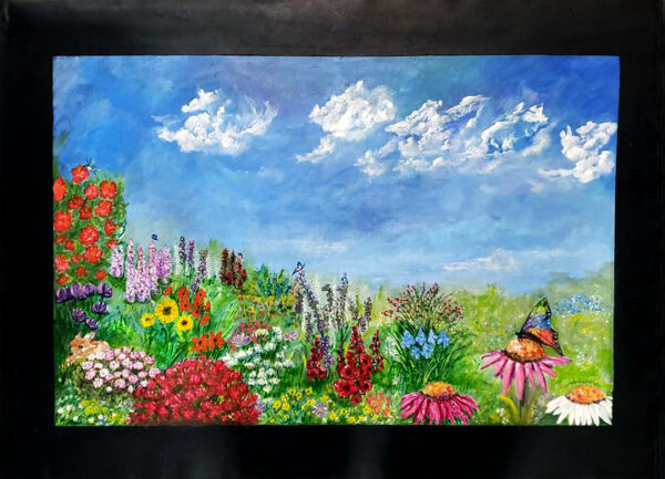 New Life Painting by Juda Myers Field of vibrant flowers along with hummingbirds, butterflies and a shy fawn nestled in the flowers.