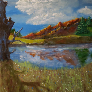 Psalm 23:2 Acrylic painting by Juda Myers Beautiful mountain scene with a still lake and wild flowers in the foreground