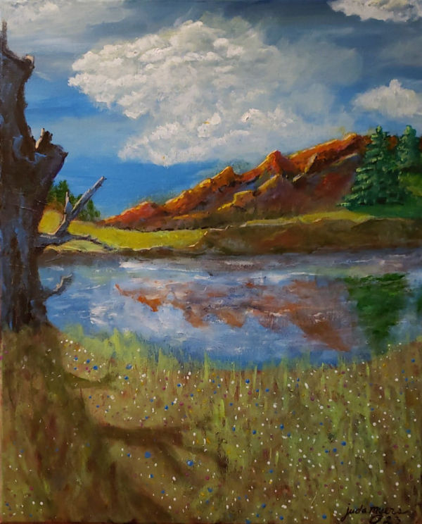 Psalm 23:2 Acrylic painting by Juda Myers Beautiful mountain scene with a still lake and wild flowers in the foreground