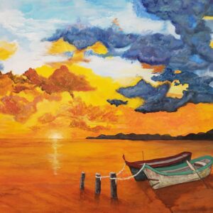 Shabbat shalom sunset on the bay acrylic painting with vibrant oranges. Two boats are tied to posts. Work has ceased.