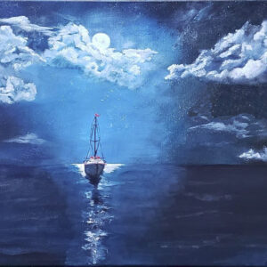 Psalm 107:28-29 Acrylic painting. Night ocean scene with sailboat