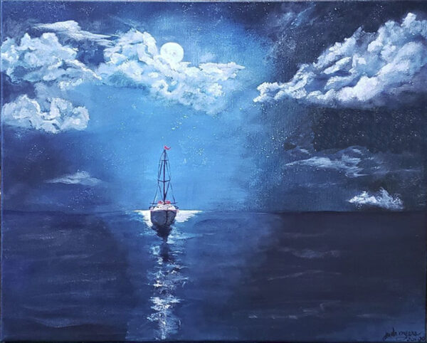 Psalm 107:28-29 Acrylic painting. Night ocean scene with sailboat