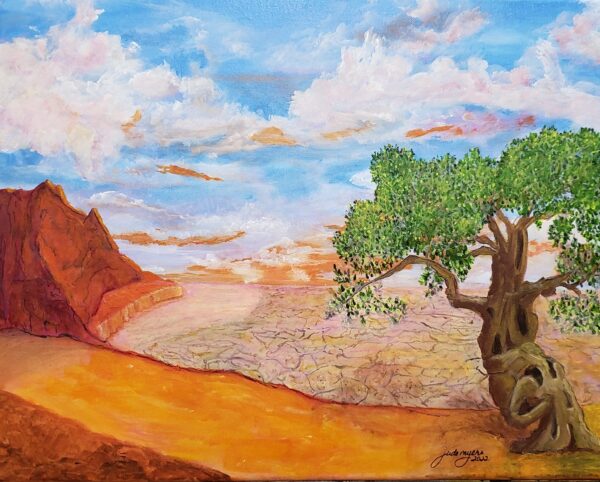Vibrant colors in the desert in this acrylic painting called Hosea 13:5